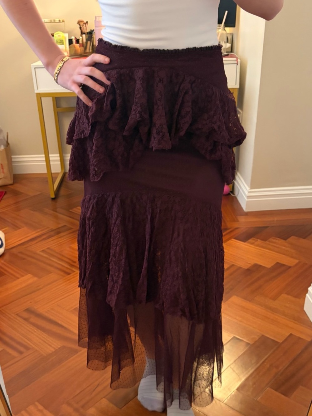Free People Plum Lace Tiered Midi Skirt